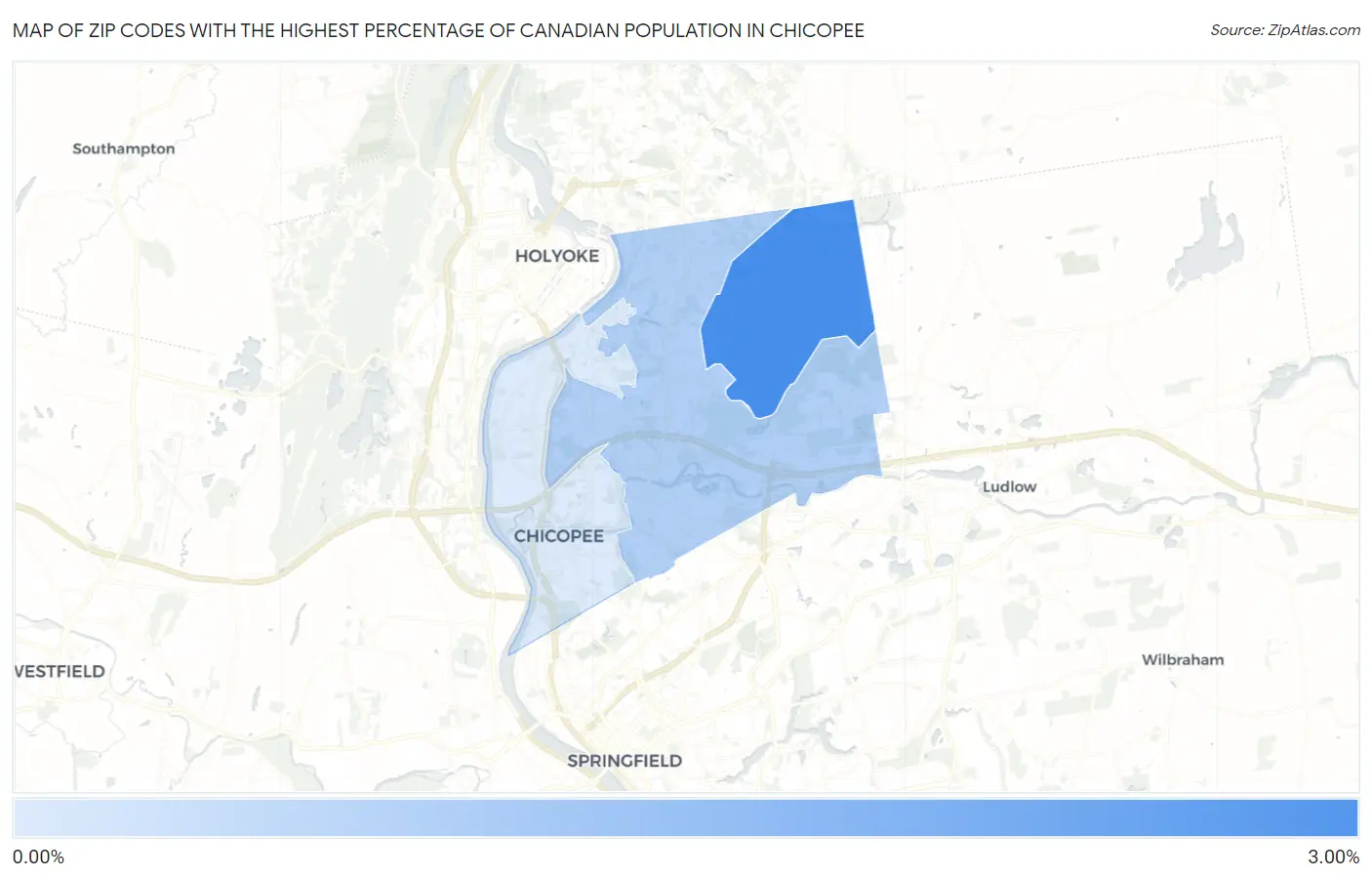 Zip Codes with the Highest Percentage of Canadian Population in Chicopee Map