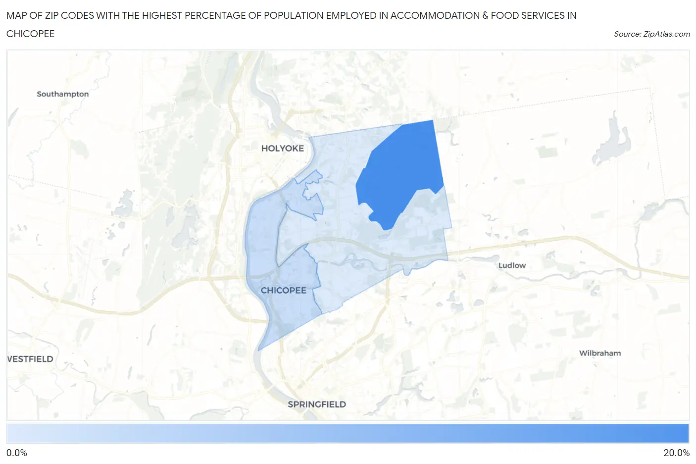 Zip Codes with the Highest Percentage of Population Employed in Accommodation & Food Services in Chicopee Map