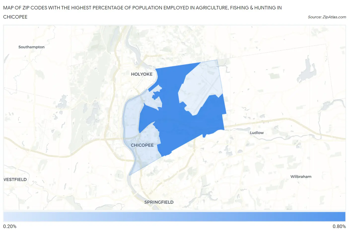 Zip Codes with the Highest Percentage of Population Employed in Agriculture, Fishing & Hunting in Chicopee Map