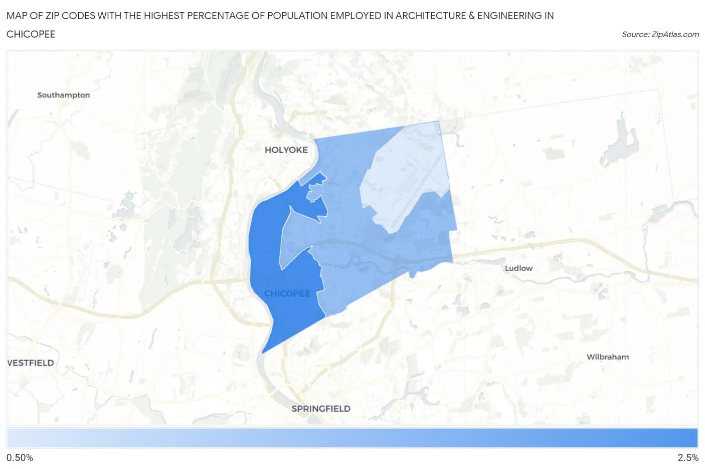 Zip Codes with the Highest Percentage of Population Employed in Architecture & Engineering in Chicopee Map