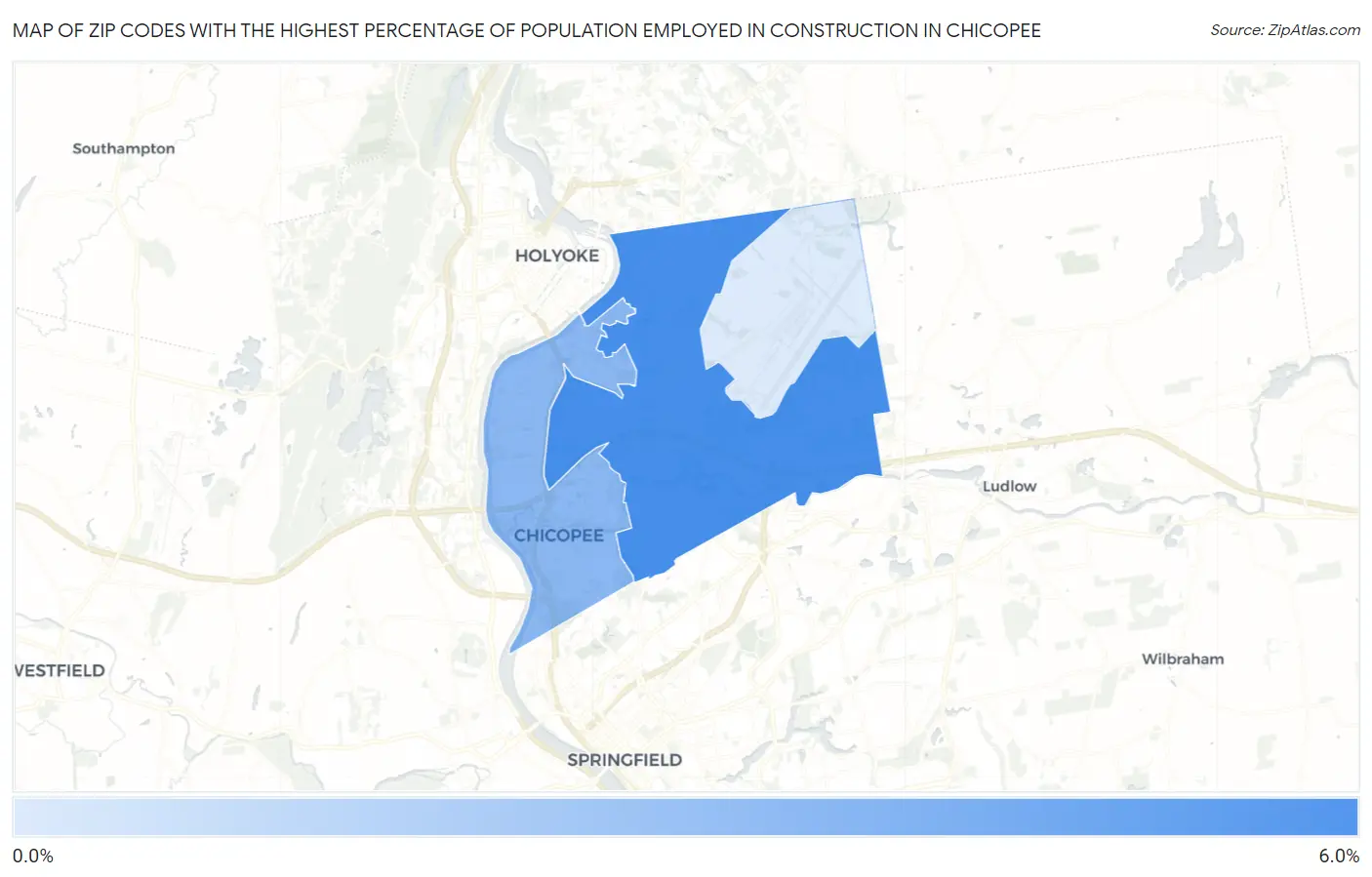 Zip Codes with the Highest Percentage of Population Employed in Construction in Chicopee Map