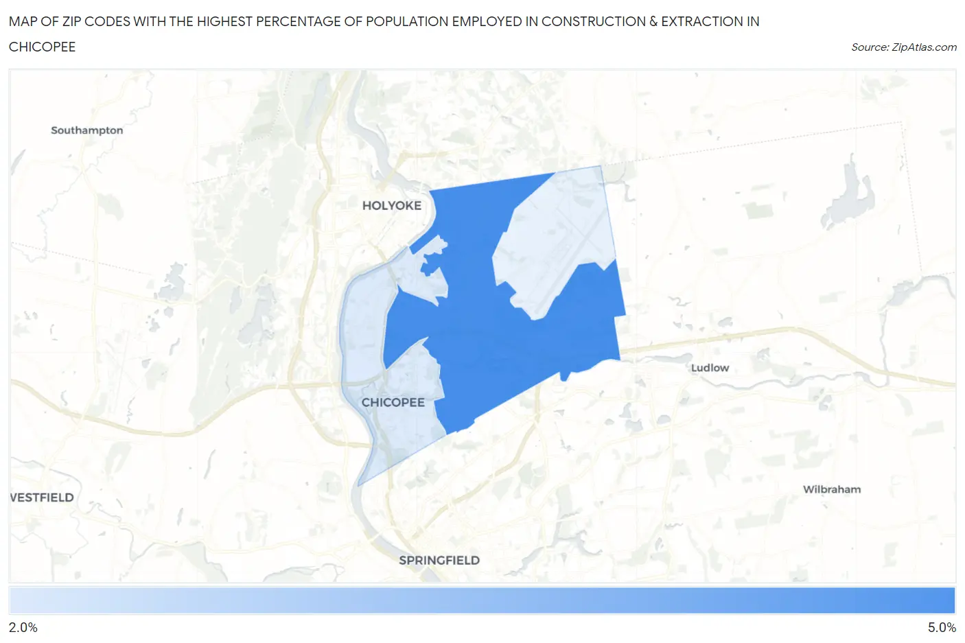 Zip Codes with the Highest Percentage of Population Employed in Construction & Extraction in Chicopee Map