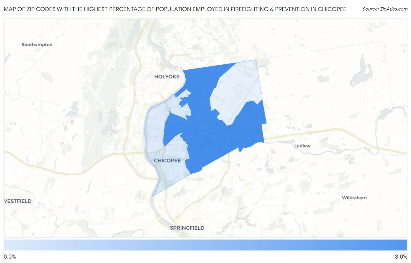 Zip Codes with the Highest Percentage of Population Employed in Firefighting & Prevention in Chicopee Map