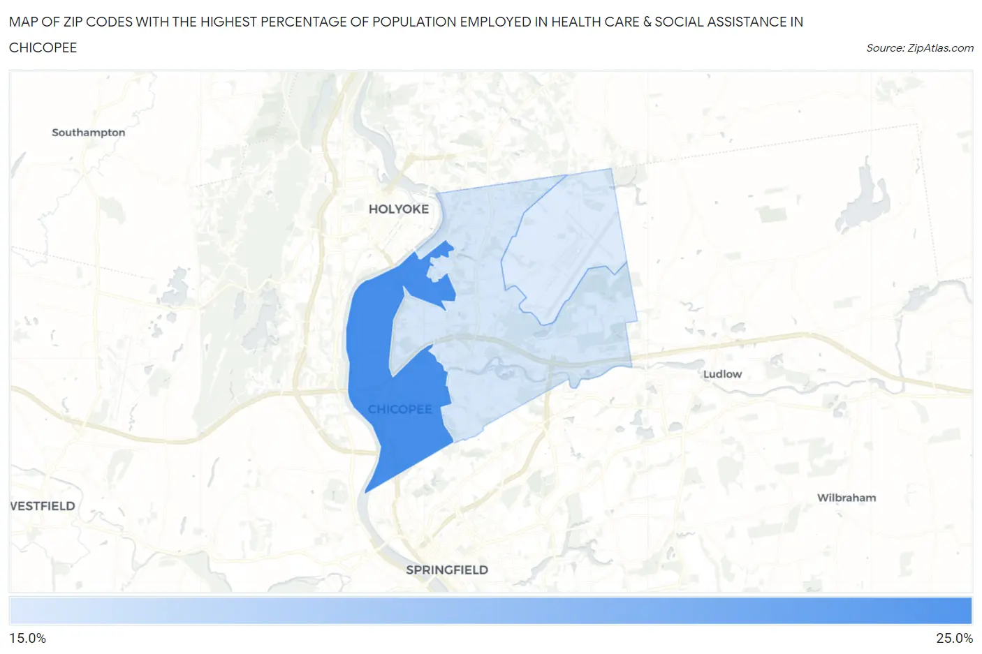 Zip Codes with the Highest Percentage of Population Employed in Health Care & Social Assistance in Chicopee Map
