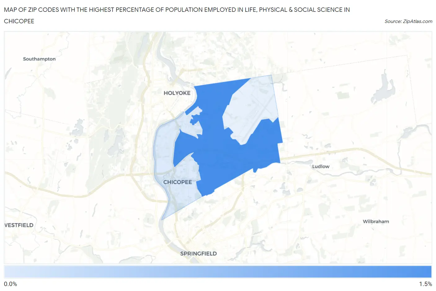 Zip Codes with the Highest Percentage of Population Employed in Life, Physical & Social Science in Chicopee Map