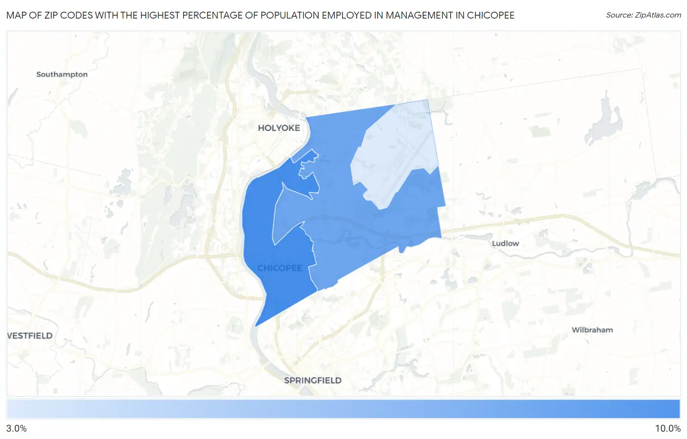 Zip Codes with the Highest Percentage of Population Employed in Management in Chicopee Map