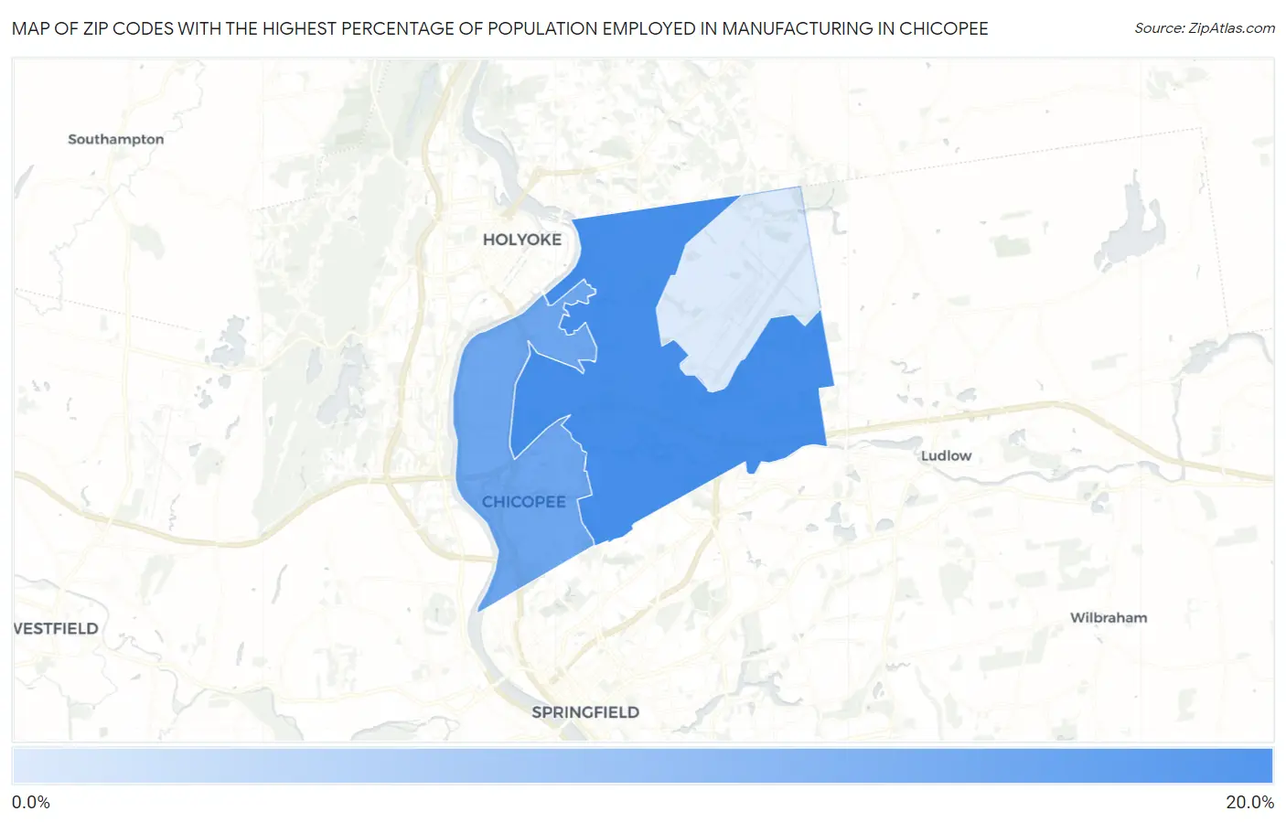 Zip Codes with the Highest Percentage of Population Employed in Manufacturing in Chicopee Map