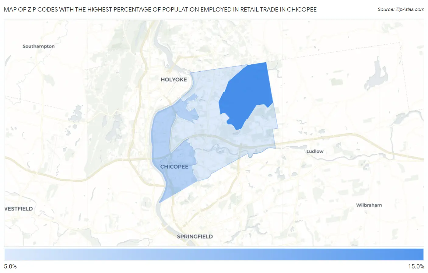 Zip Codes with the Highest Percentage of Population Employed in Retail Trade in Chicopee Map