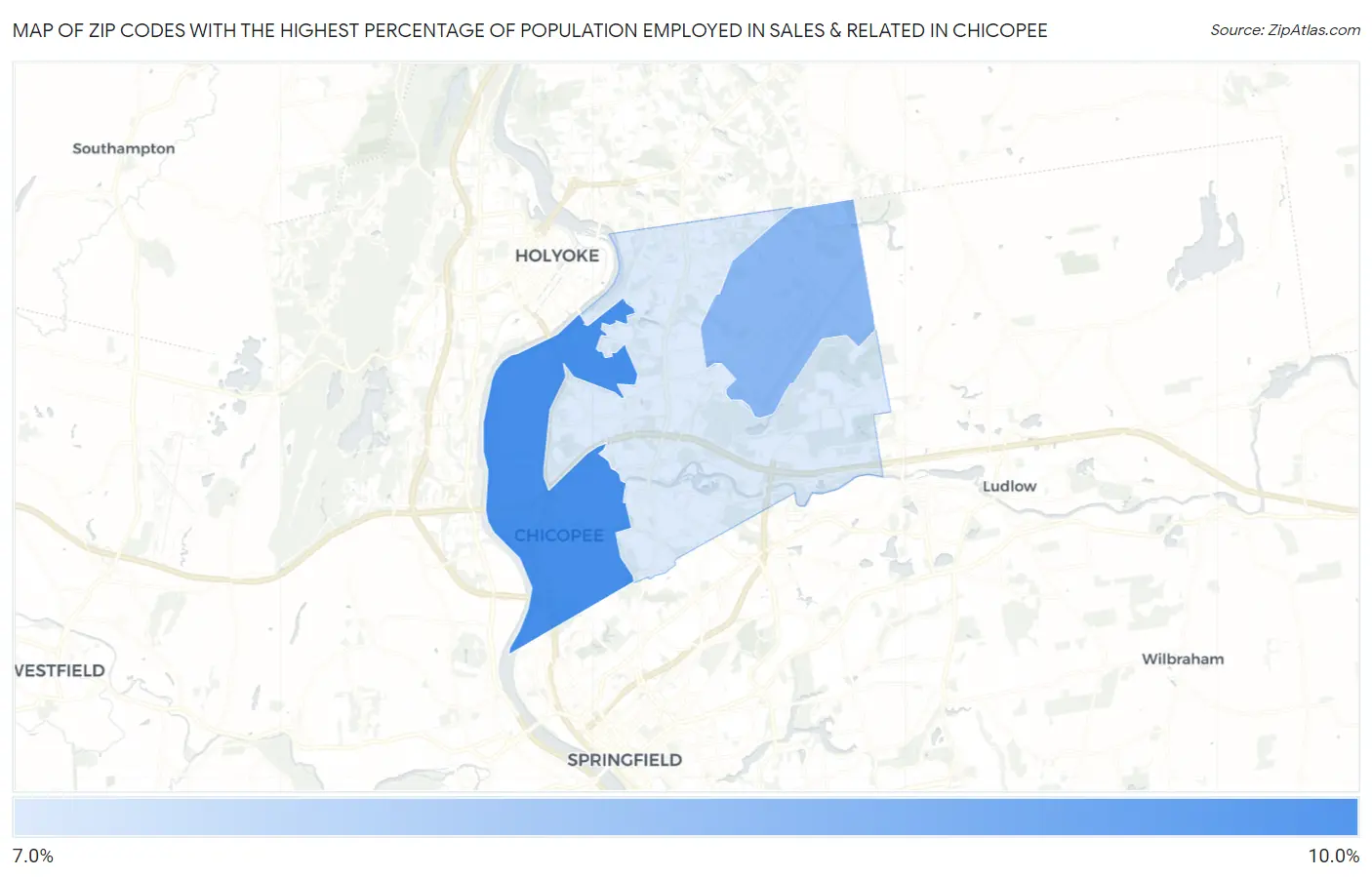Zip Codes with the Highest Percentage of Population Employed in Sales & Related in Chicopee Map