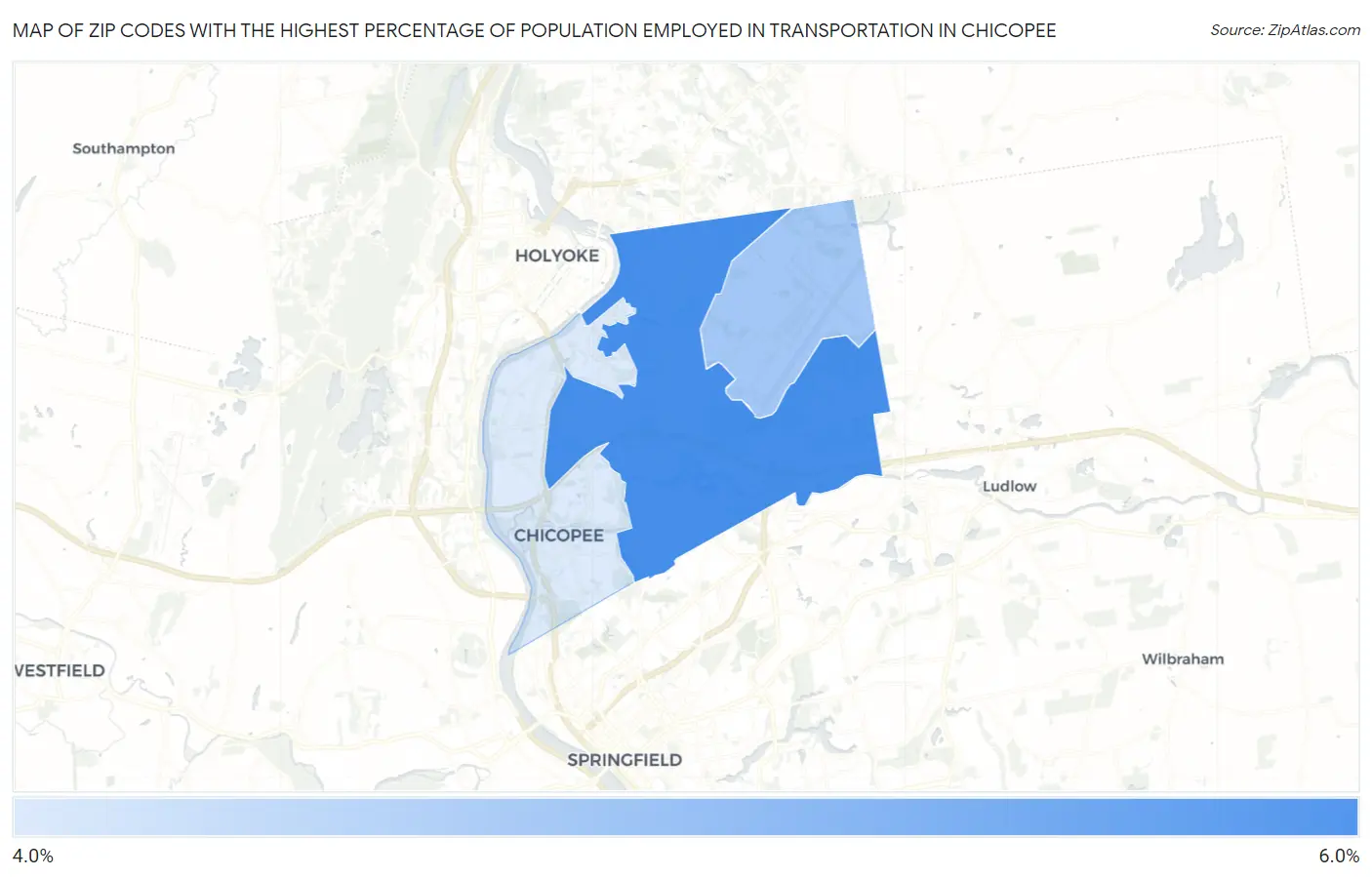 Zip Codes with the Highest Percentage of Population Employed in Transportation in Chicopee Map
