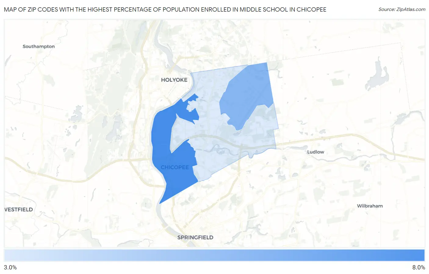 Zip Codes with the Highest Percentage of Population Enrolled in Middle School in Chicopee Map