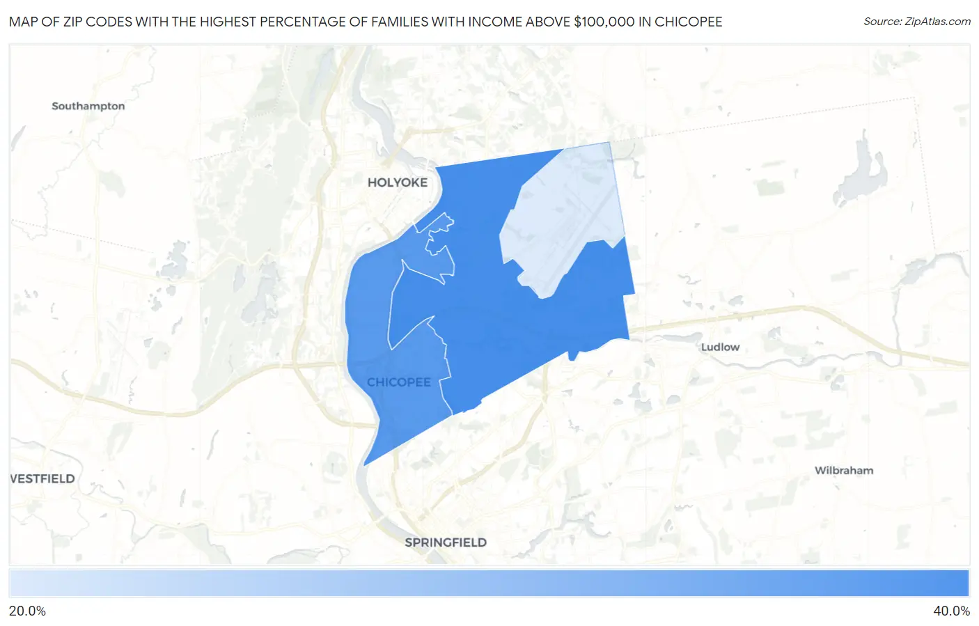 Zip Codes with the Highest Percentage of Families with Income Above $100,000 in Chicopee Map
