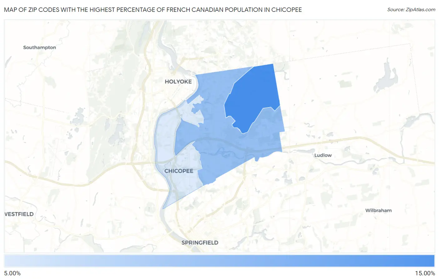 Zip Codes with the Highest Percentage of French Canadian Population in Chicopee Map