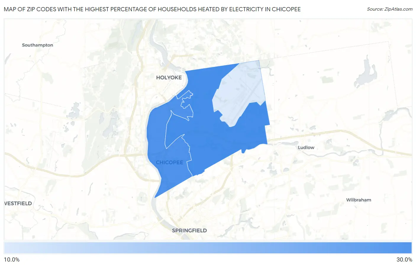 Zip Codes with the Highest Percentage of Households Heated by Electricity in Chicopee Map