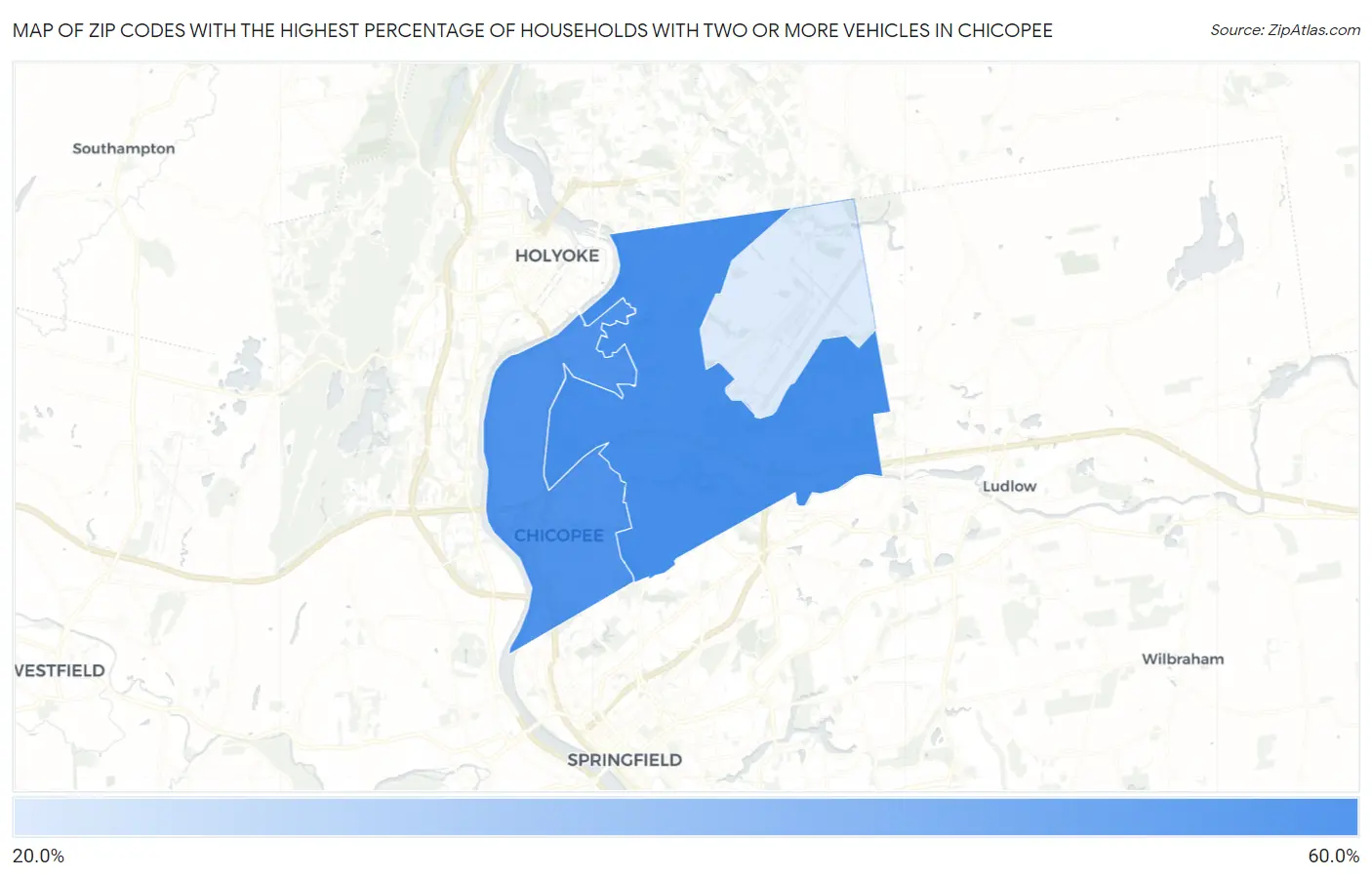 Zip Codes with the Highest Percentage of Households With Two or more Vehicles in Chicopee Map