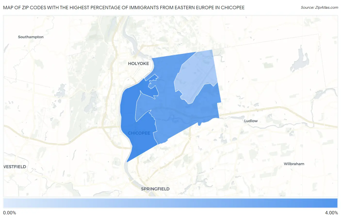 Zip Codes with the Highest Percentage of Immigrants from Eastern Europe in Chicopee Map