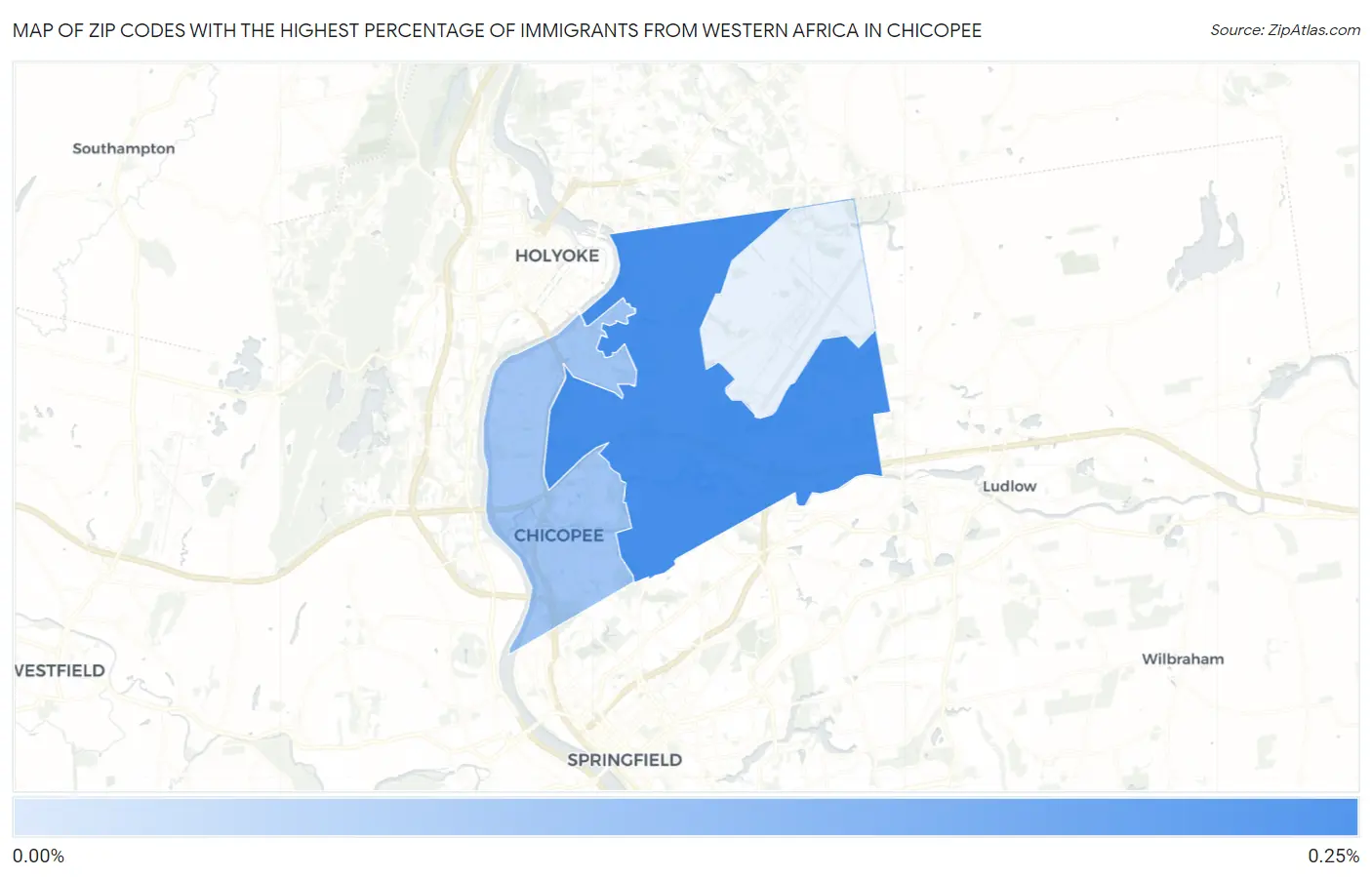 Zip Codes with the Highest Percentage of Immigrants from Western Africa in Chicopee Map