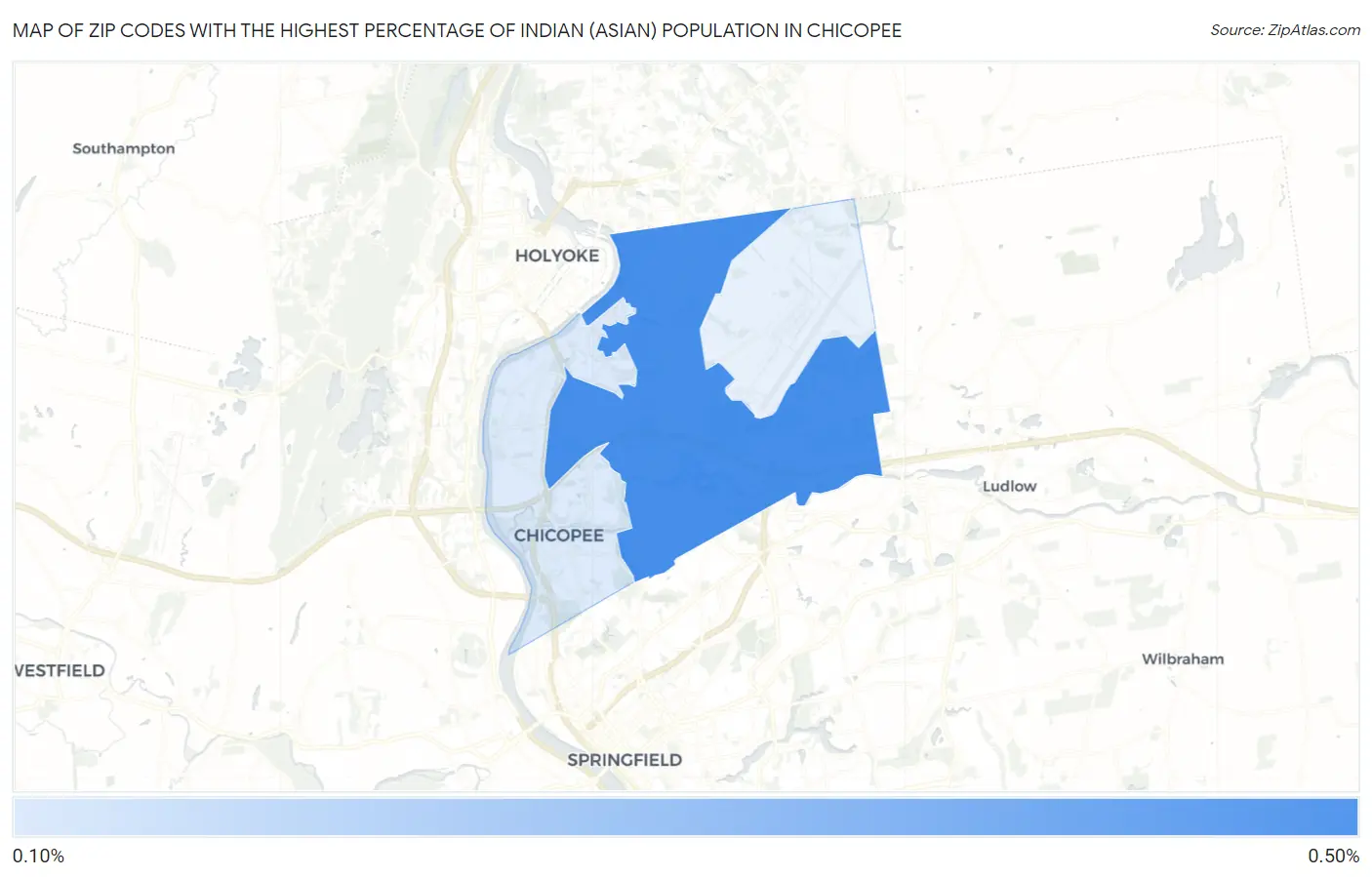 Zip Codes with the Highest Percentage of Indian (Asian) Population in Chicopee Map
