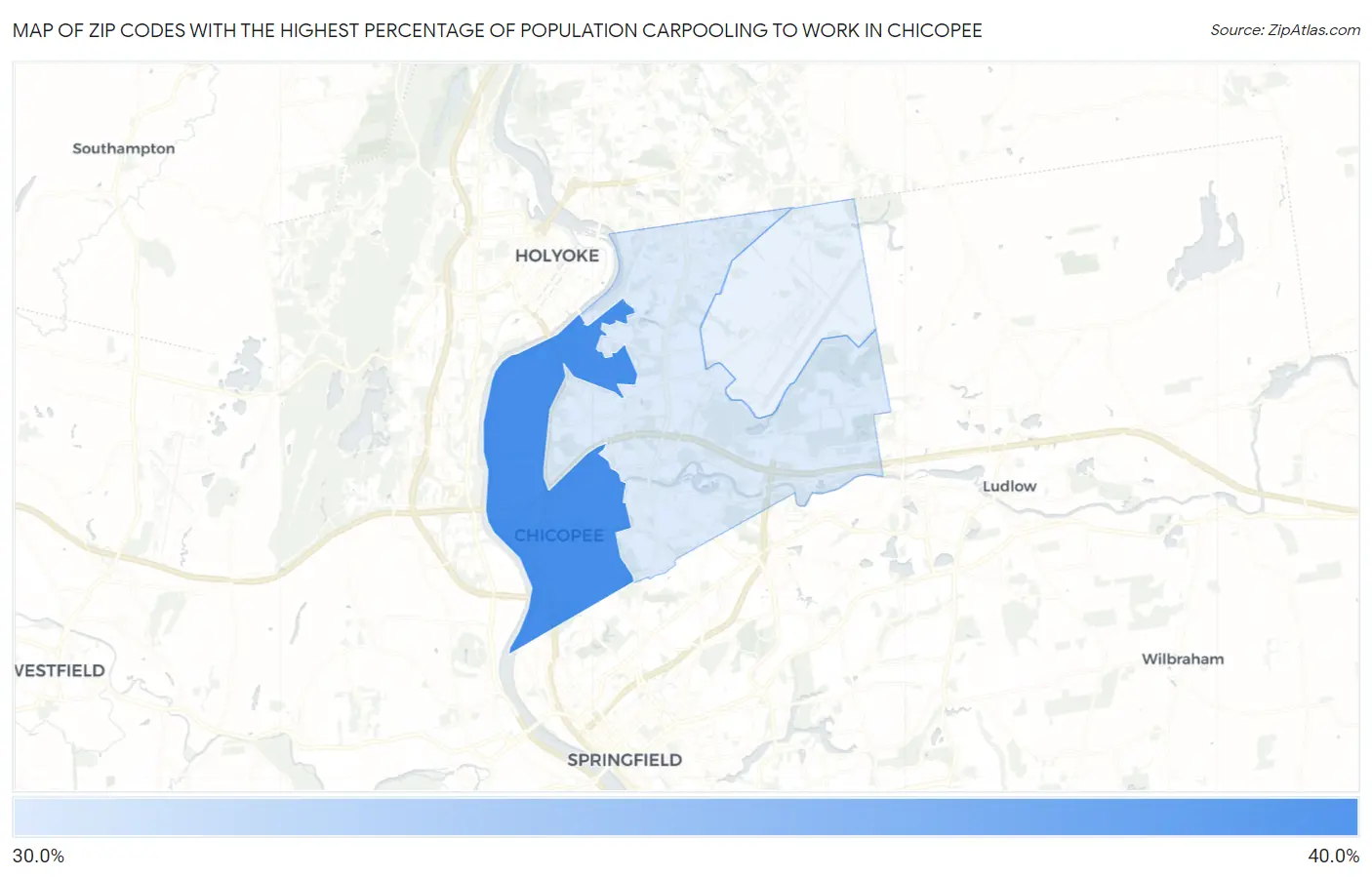 Zip Codes with the Highest Percentage of Population Carpooling to Work in Chicopee Map