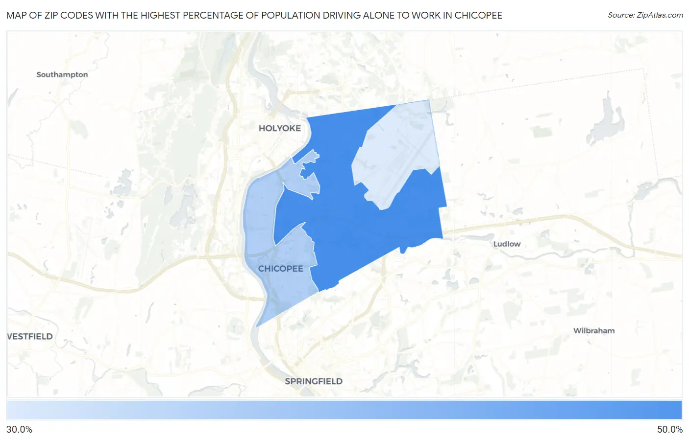 Zip Codes with the Highest Percentage of Population Driving Alone to Work in Chicopee Map