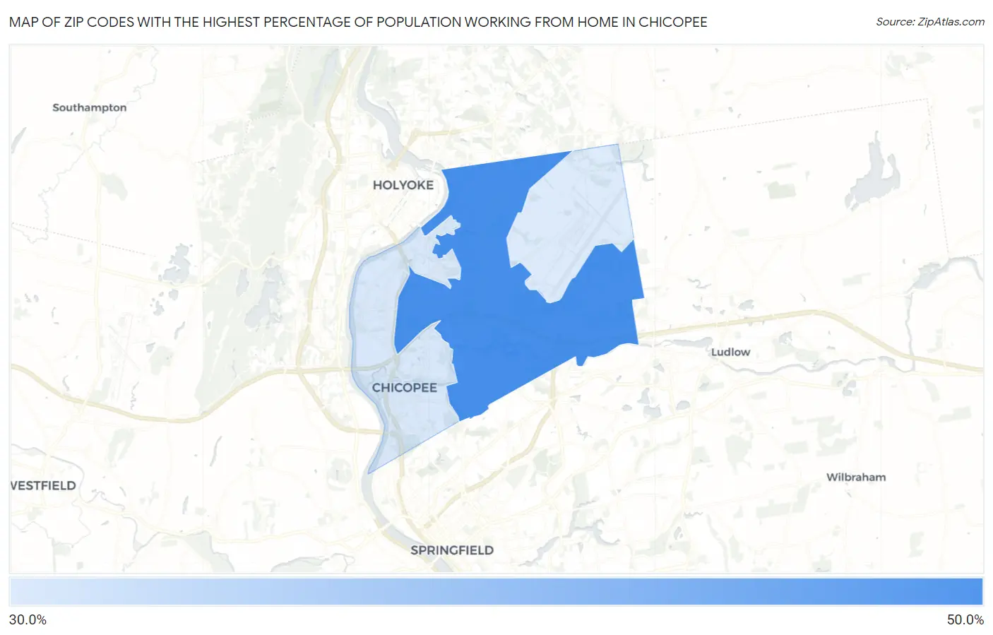 Zip Codes with the Highest Percentage of Population Working from Home in Chicopee Map