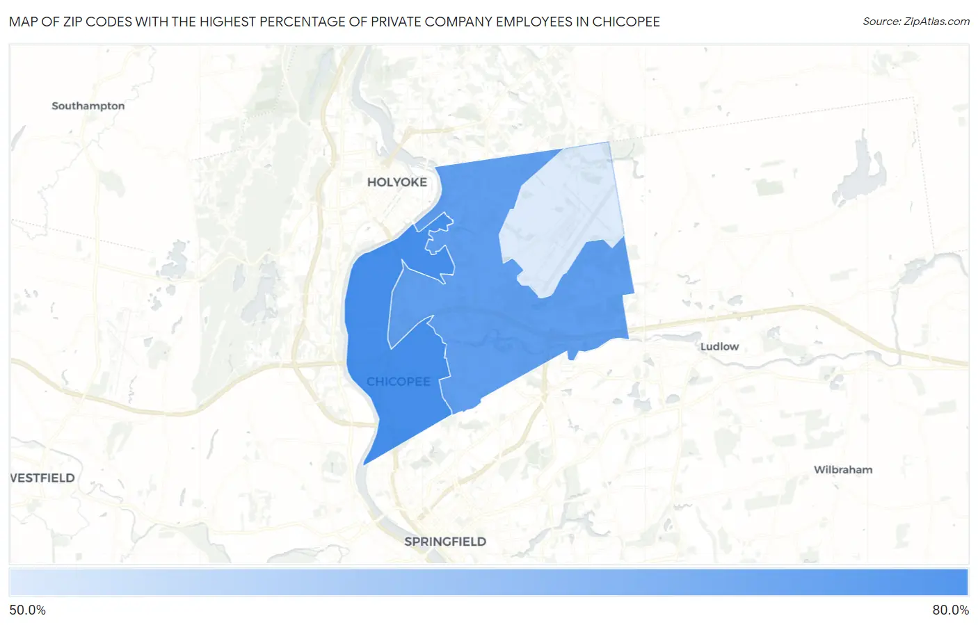 Zip Codes with the Highest Percentage of Private Company Employees in Chicopee Map