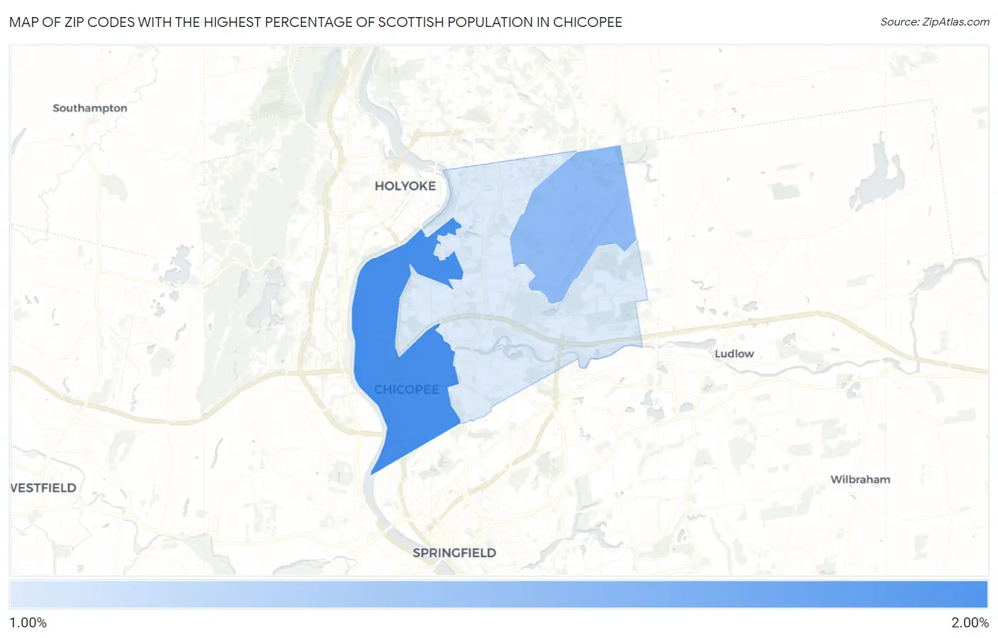 Zip Codes with the Highest Percentage of Scottish Population in Chicopee Map