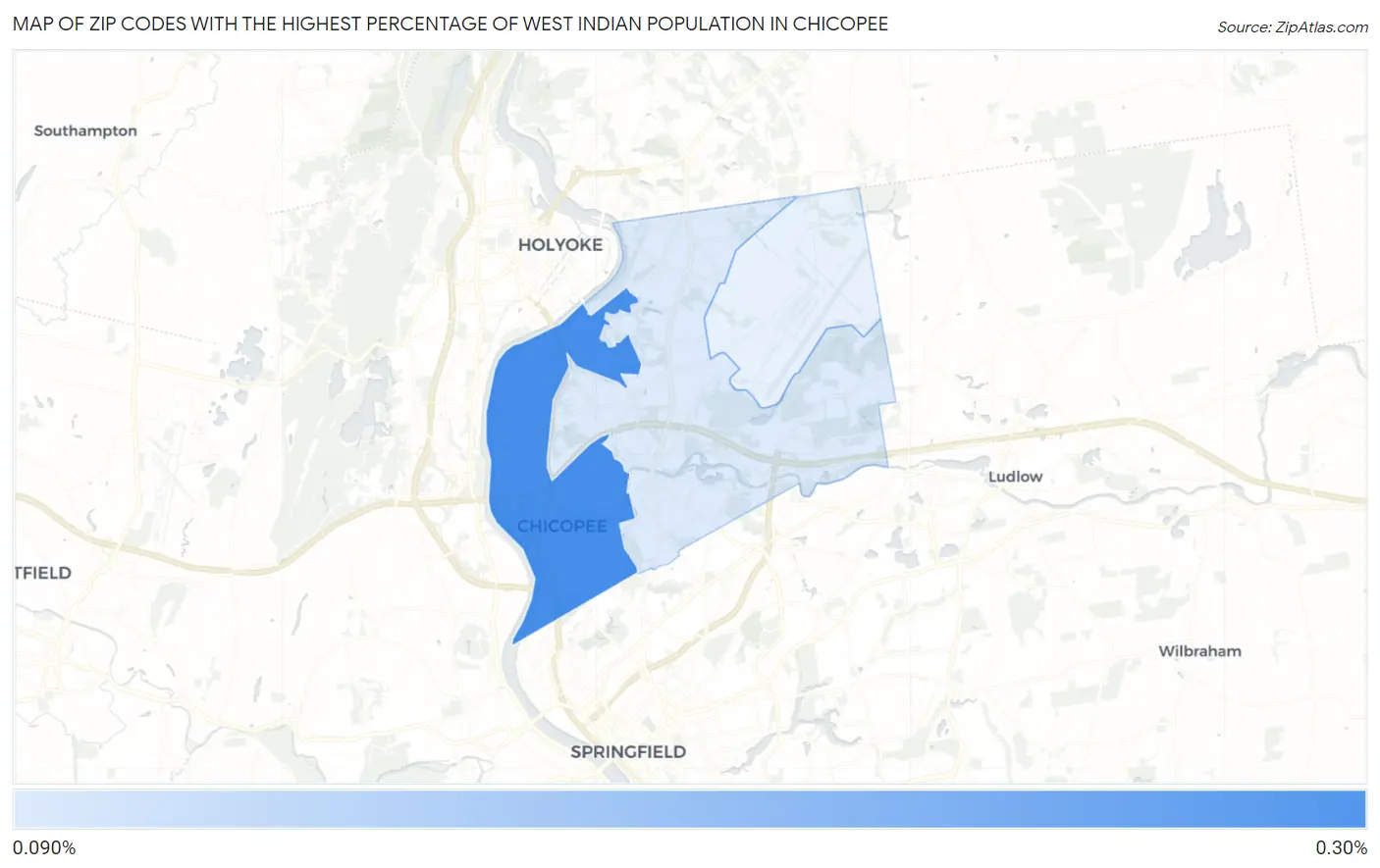Zip Codes with the Highest Percentage of West Indian Population in Chicopee Map