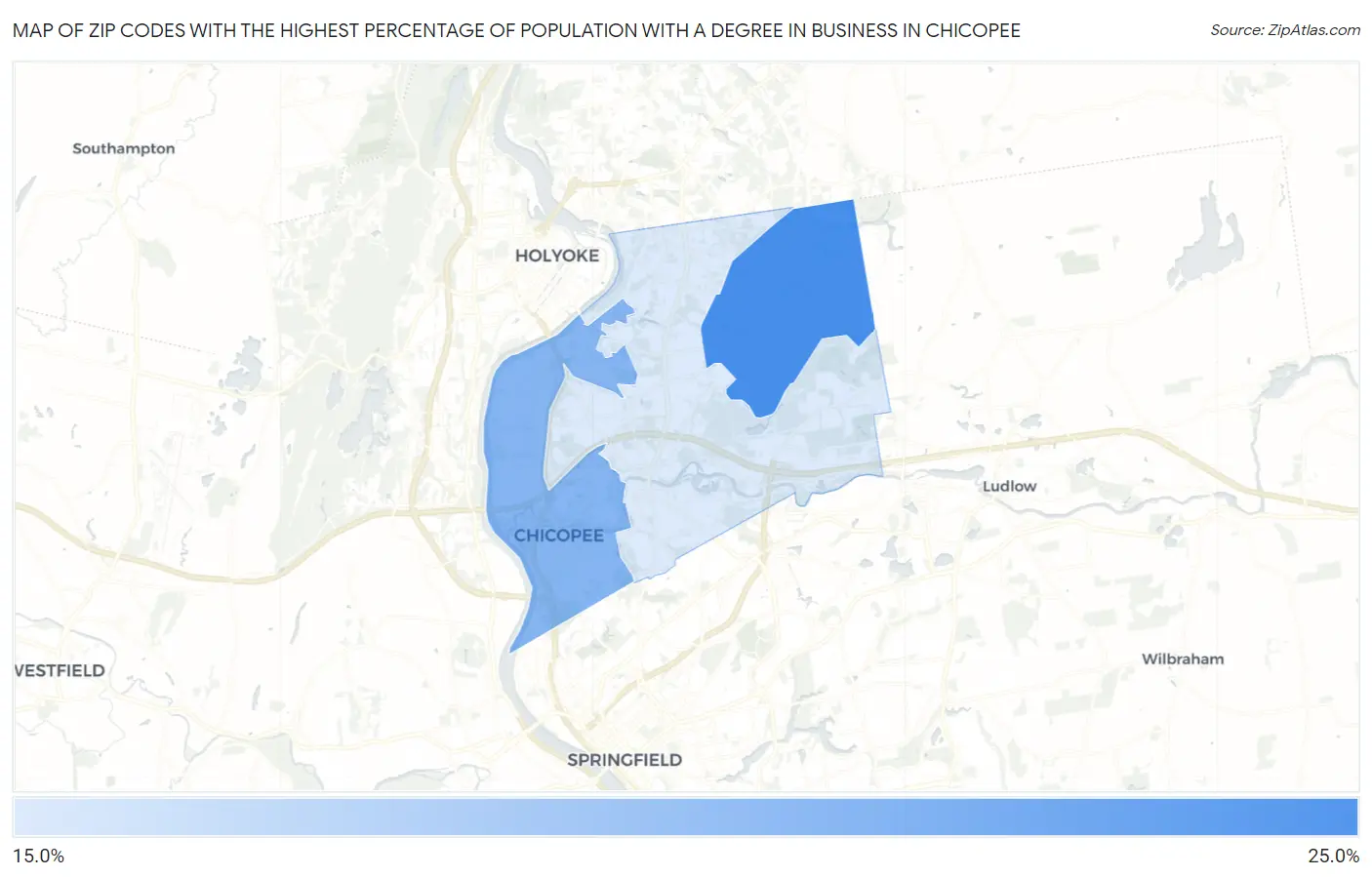 Zip Codes with the Highest Percentage of Population with a Degree in Business in Chicopee Map