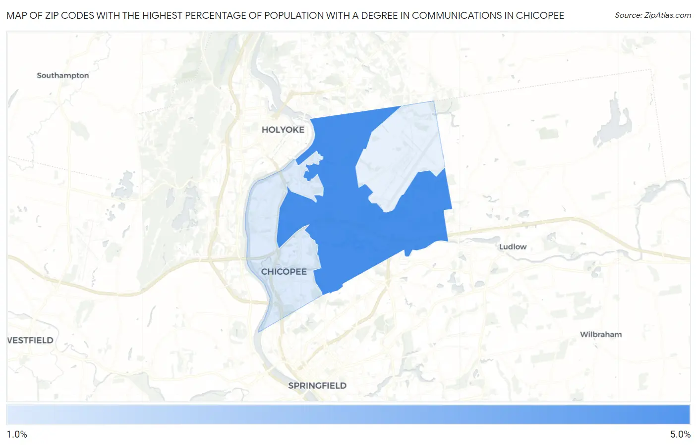 Zip Codes with the Highest Percentage of Population with a Degree in Communications in Chicopee Map