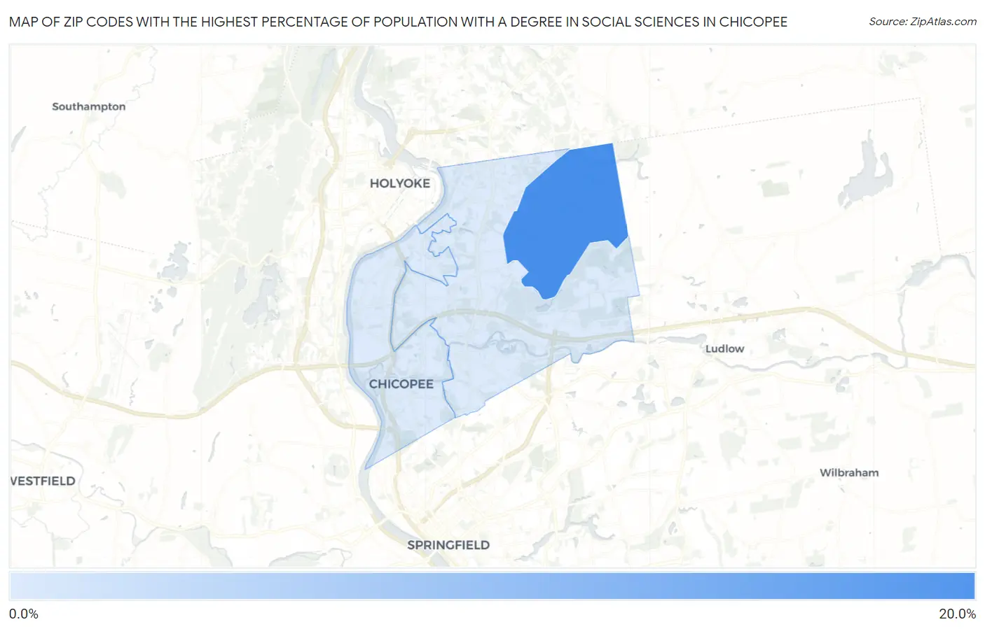 Zip Codes with the Highest Percentage of Population with a Degree in Social Sciences in Chicopee Map