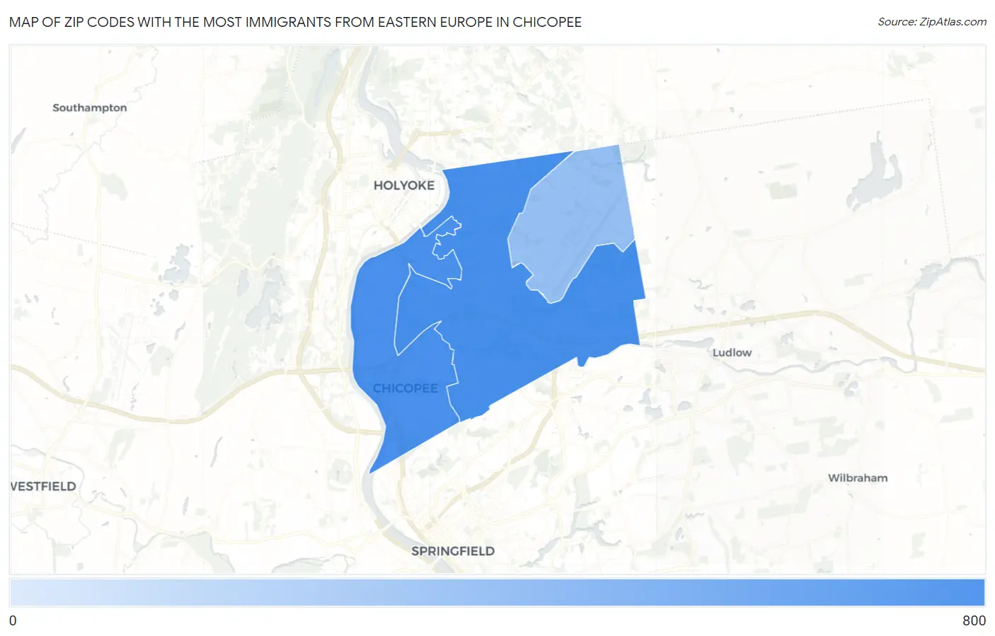 Zip Codes with the Most Immigrants from Eastern Europe in Chicopee Map