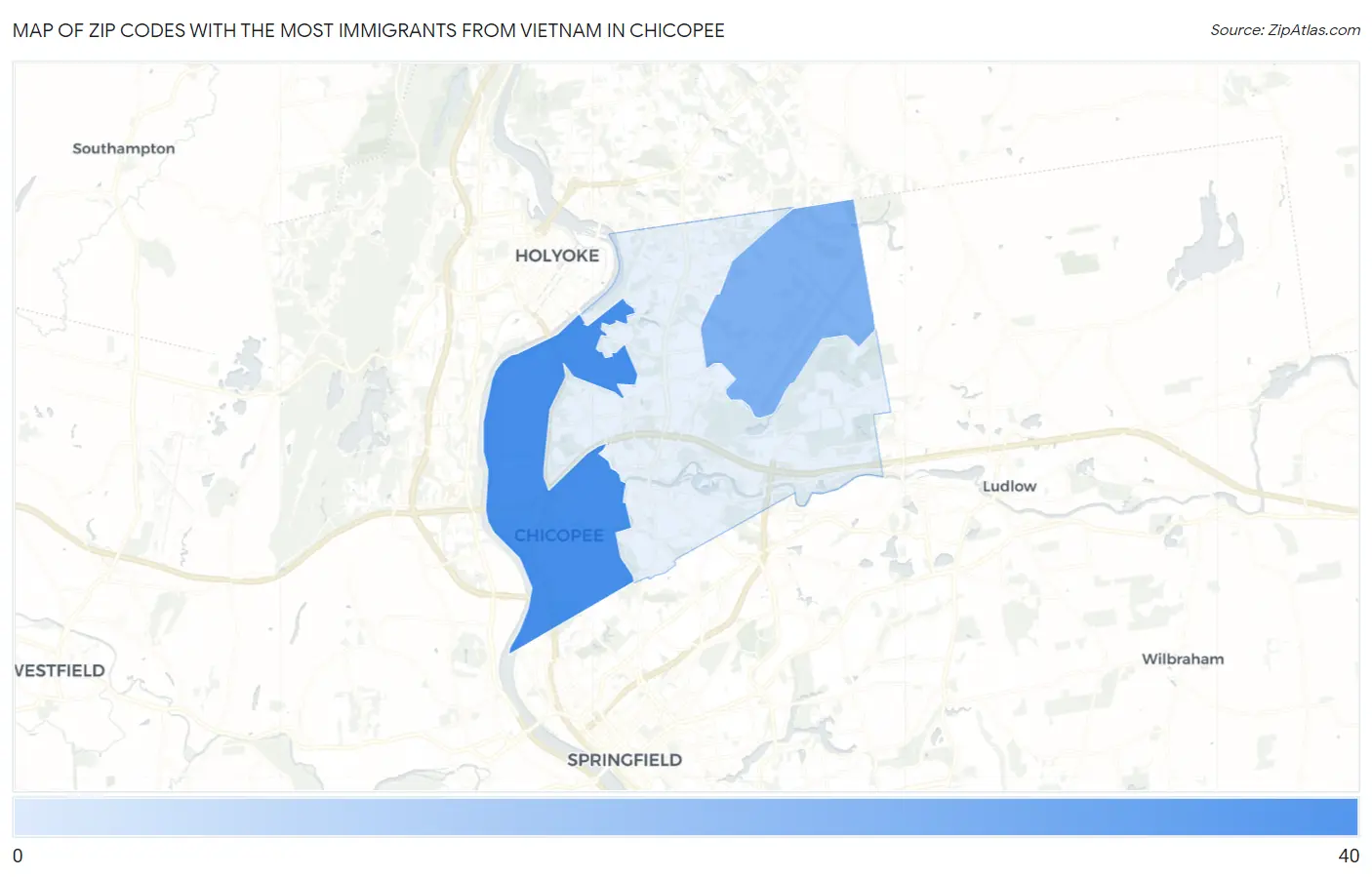 Zip Codes with the Most Immigrants from Vietnam in Chicopee Map