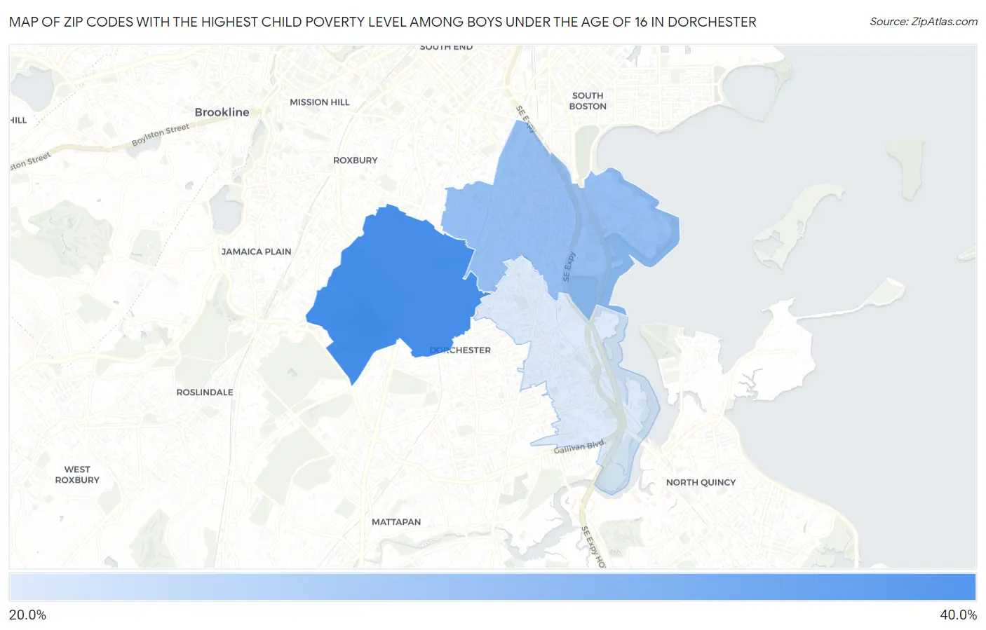 Zip Codes with the Highest Child Poverty Level Among Boys Under the Age of 16 in Dorchester Map
