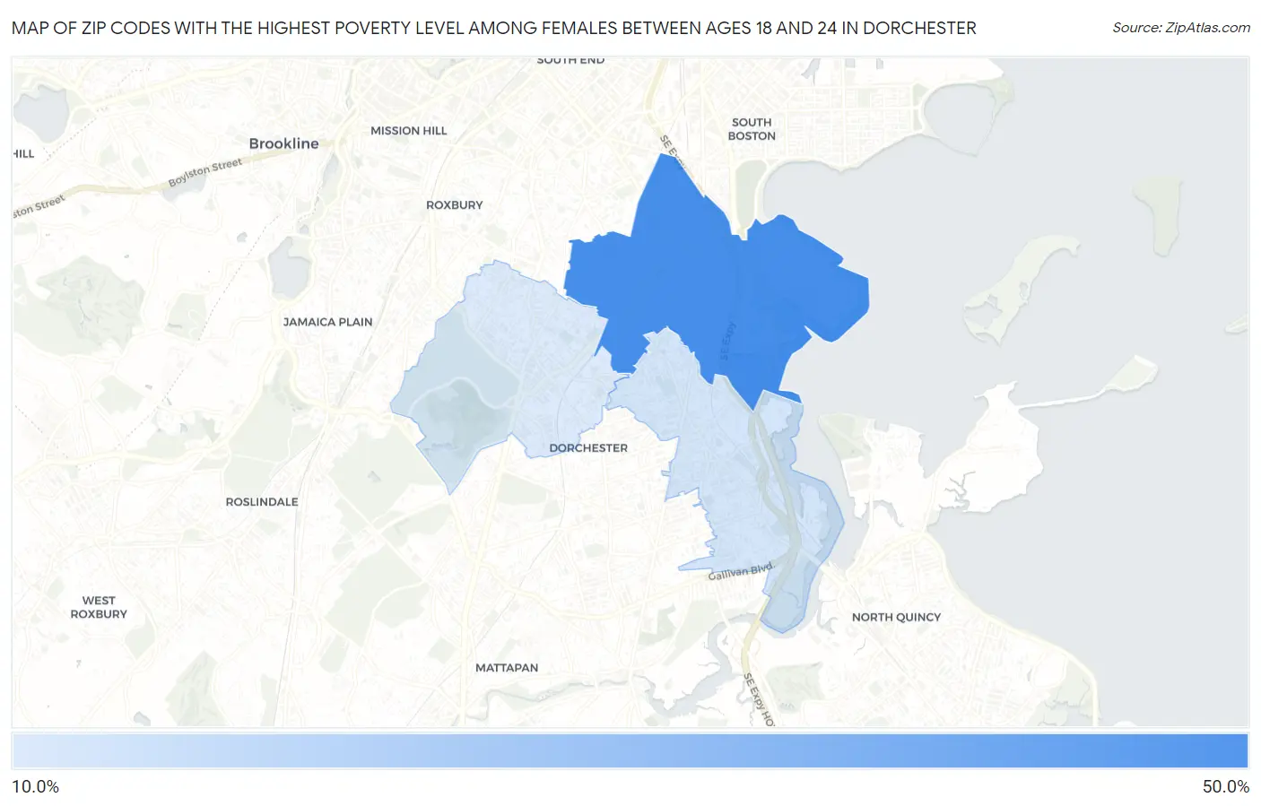 Zip Codes with the Highest Poverty Level Among Females Between Ages 18 and 24 in Dorchester Map