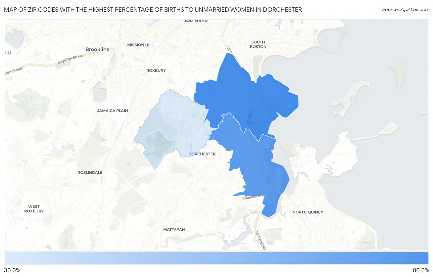 Zip Codes with the Highest Percentage of Births to Unmarried Women in Dorchester Map