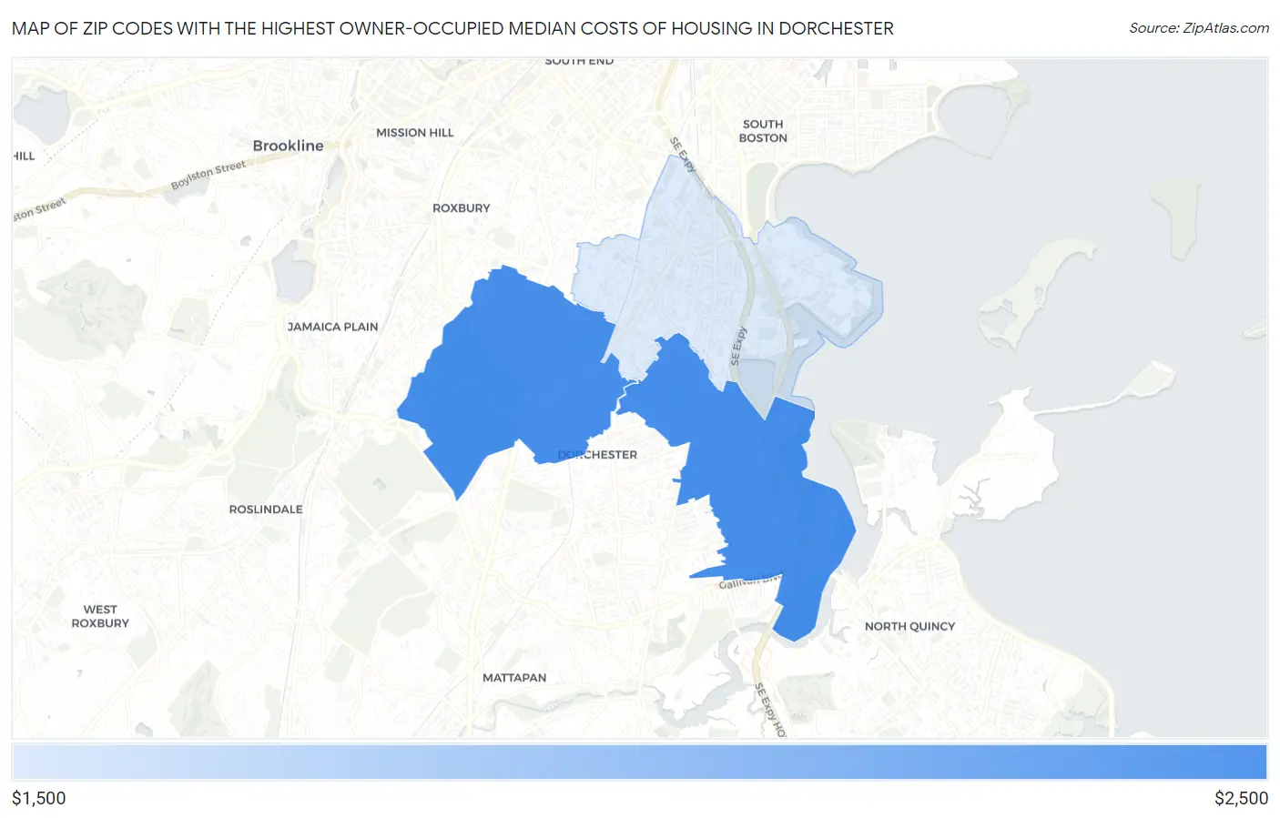 Zip Codes with the Highest Owner-Occupied Median Costs of Housing in Dorchester Map