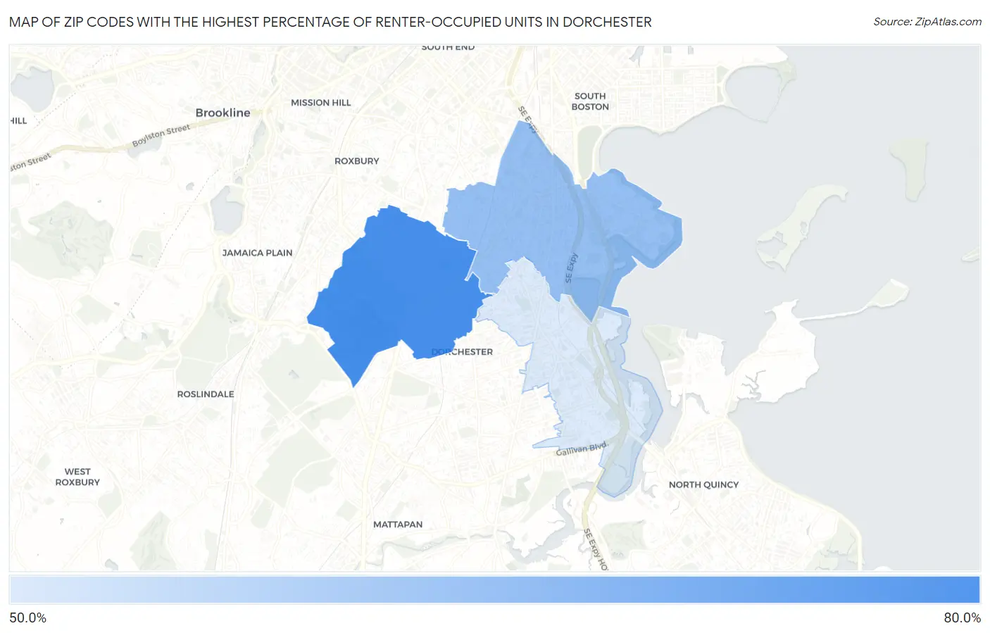 Zip Codes with the Highest Percentage of Renter-Occupied Units in Dorchester Map