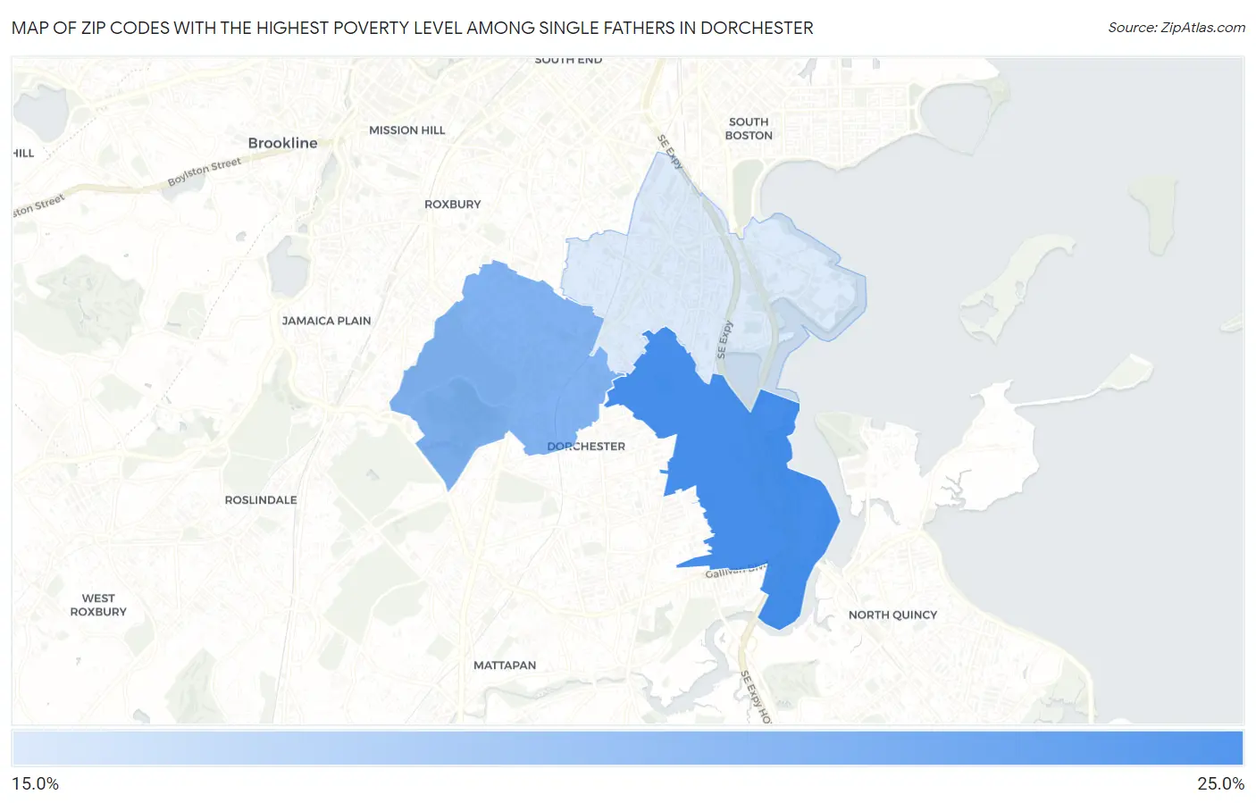 Zip Codes with the Highest Poverty Level Among Single Fathers in Dorchester Map