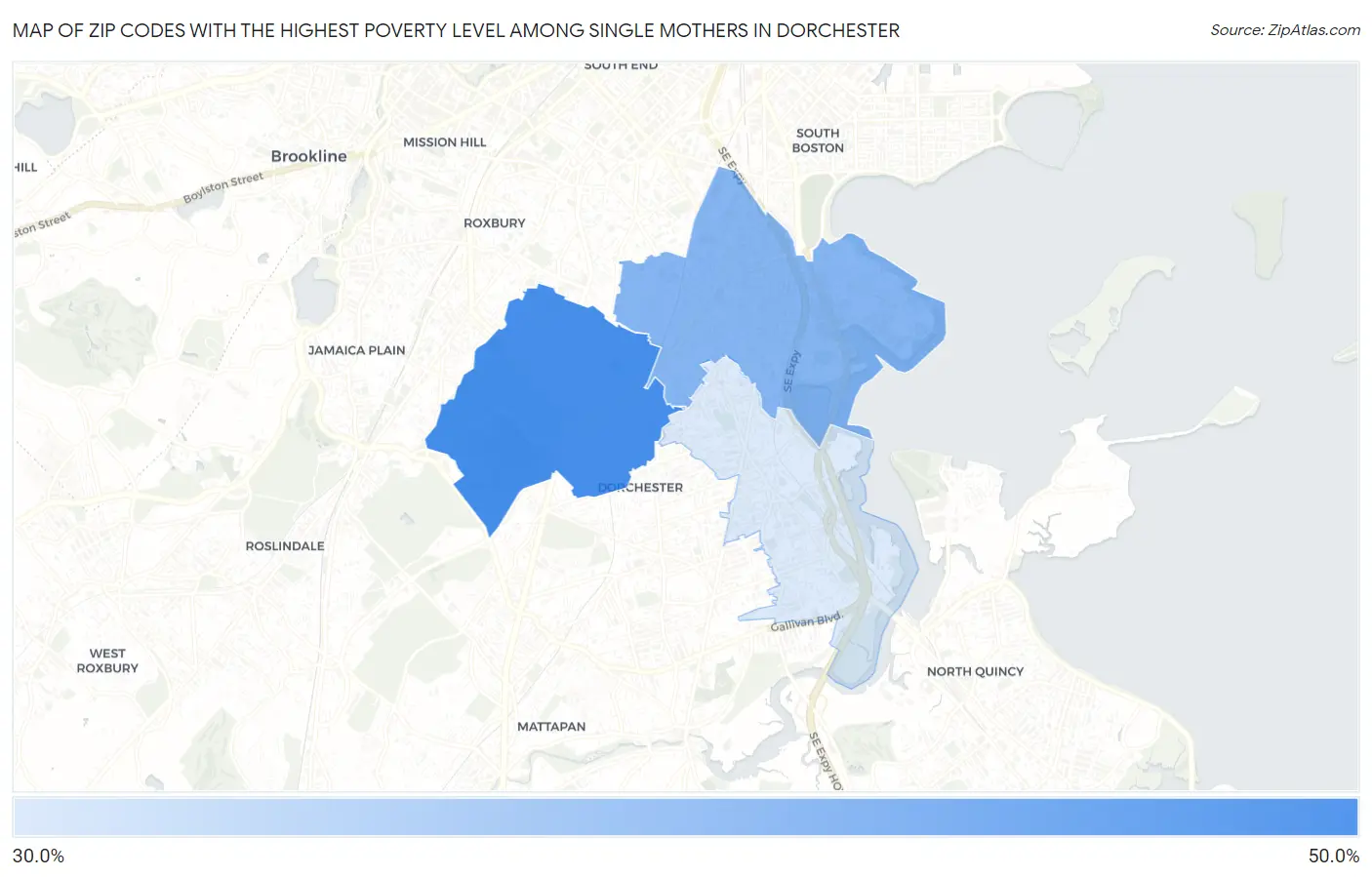 Zip Codes with the Highest Poverty Level Among Single Mothers in Dorchester Map
