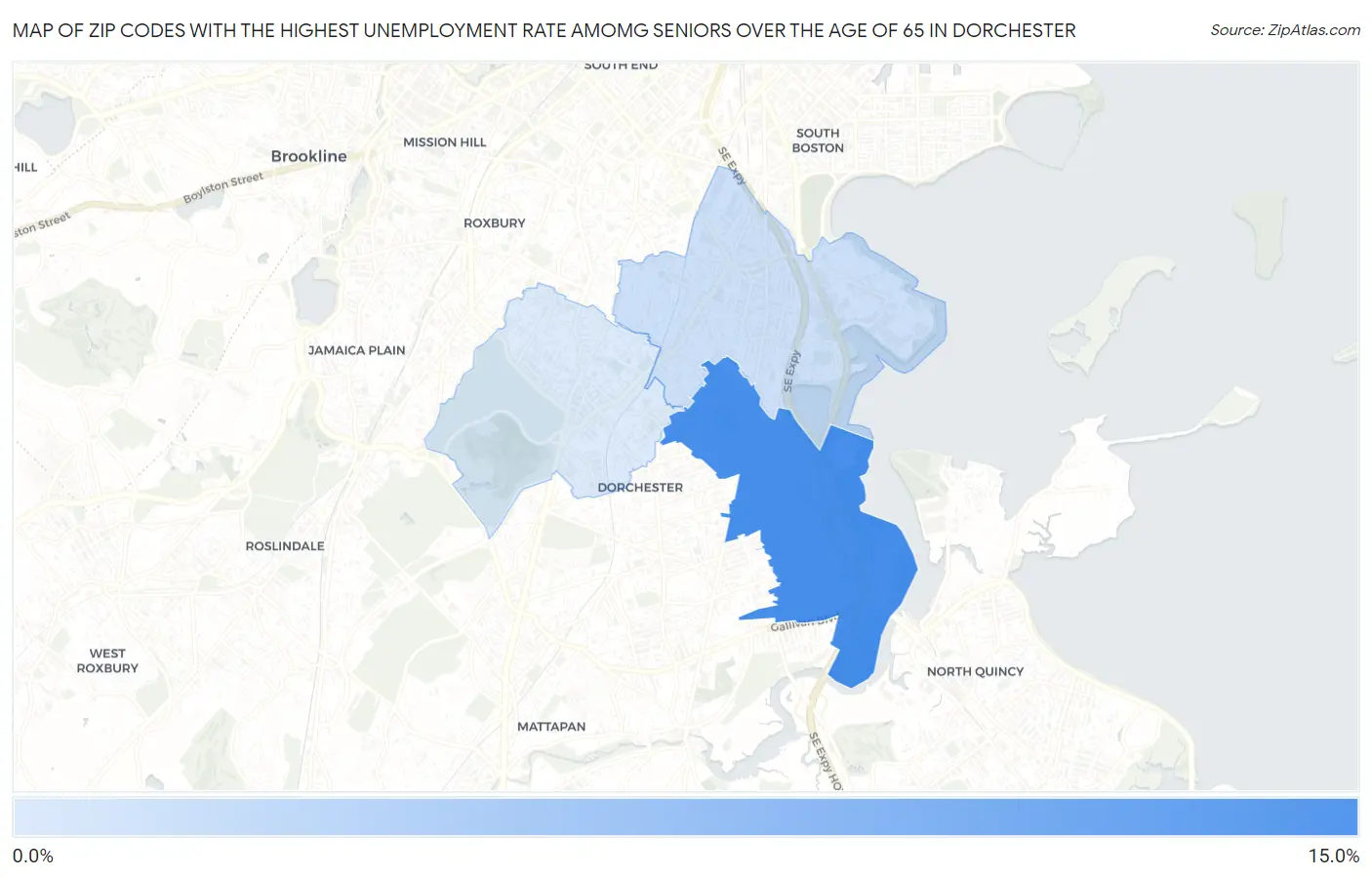 Zip Codes with the Highest Unemployment Rate Amomg Seniors Over the Age of 65 in Dorchester Map