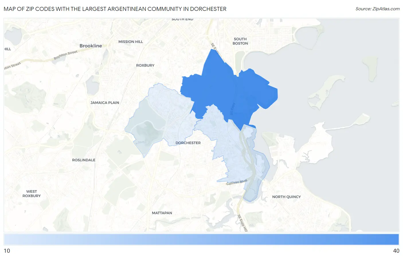 Zip Codes with the Largest Argentinean Community in Dorchester Map