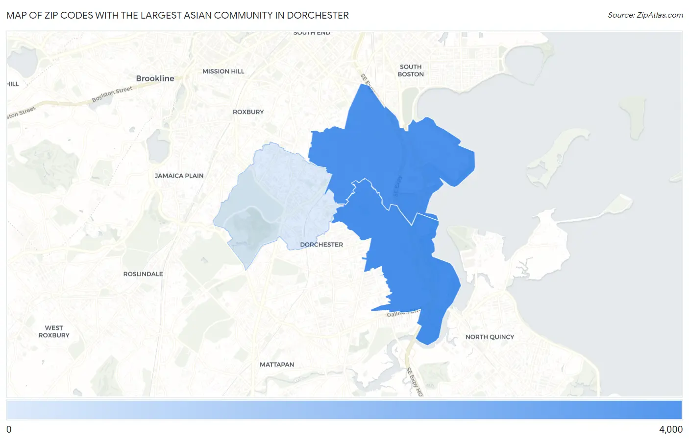 Zip Codes with the Largest Asian Community in Dorchester Map