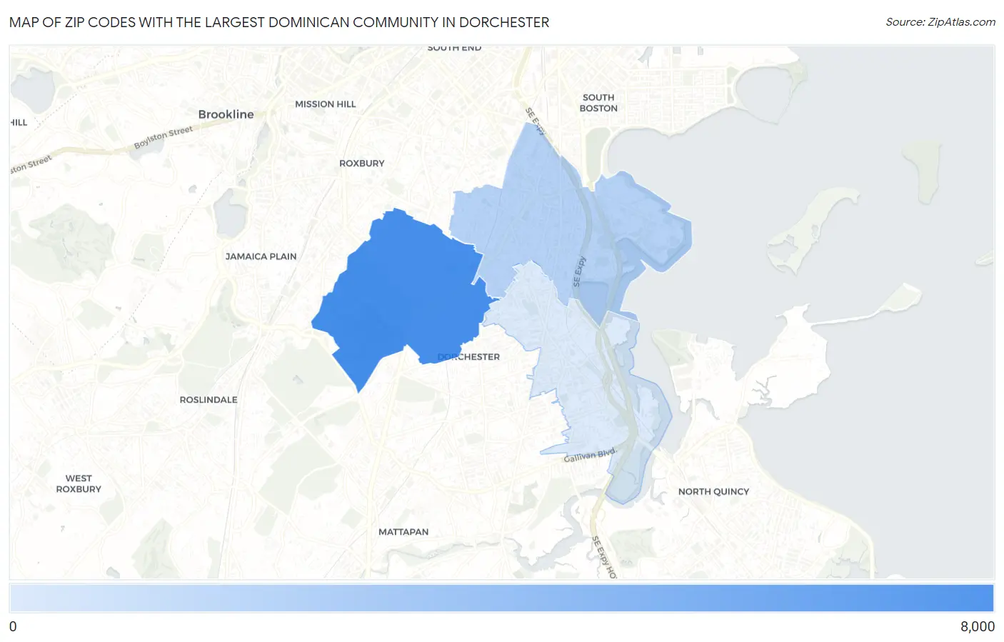 Zip Codes with the Largest Dominican Community in Dorchester Map