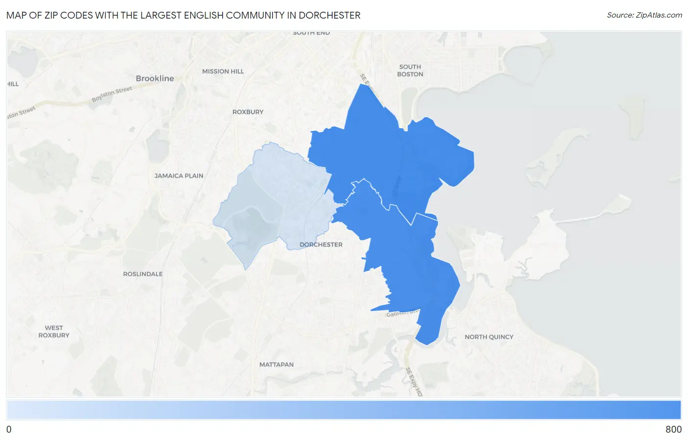 Zip Codes with the Largest English Community in Dorchester Map