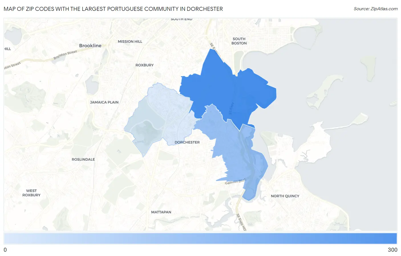 Zip Codes with the Largest Portuguese Community in Dorchester Map