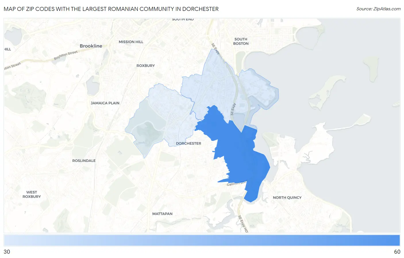 Zip Codes with the Largest Romanian Community in Dorchester Map