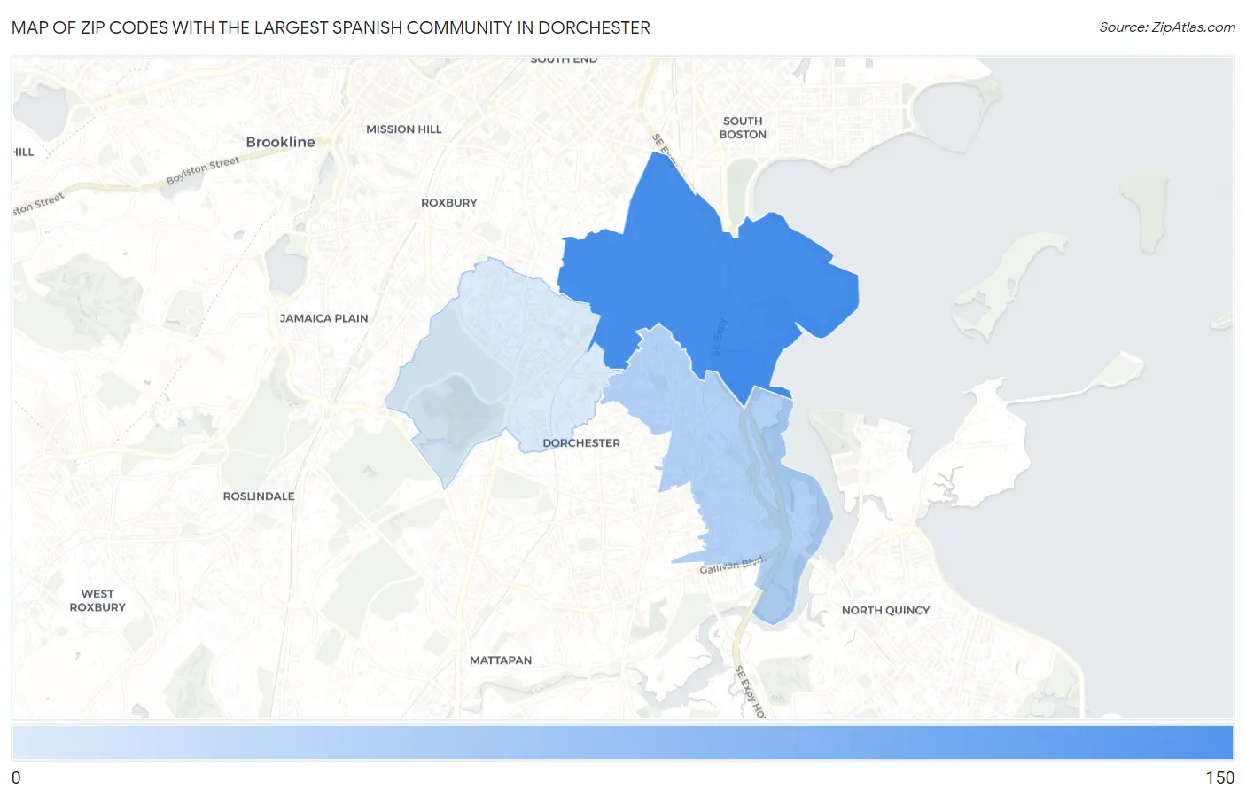 Zip Codes with the Largest Spanish Community in Dorchester Map