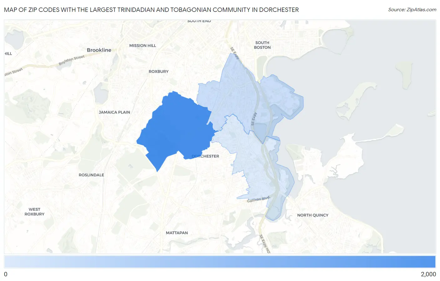 Zip Codes with the Largest Trinidadian and Tobagonian Community in Dorchester Map