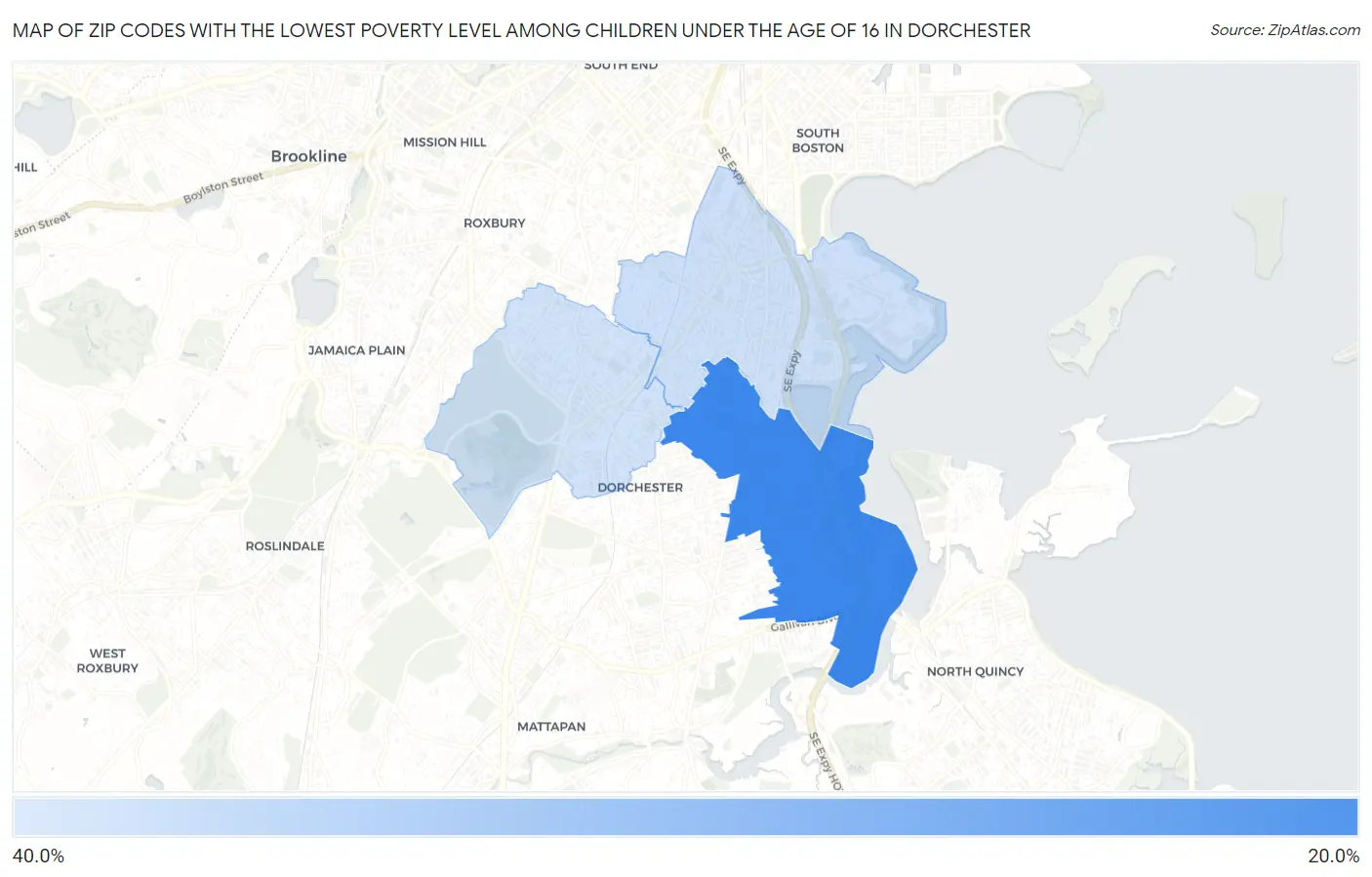 Zip Codes with the Lowest Poverty Level Among Children Under the Age of 16 in Dorchester Map
